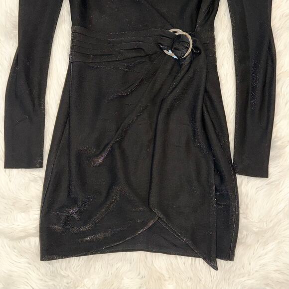 Jonathan Simkhai Metallic Dress V-Neck Puff Sleeve Belted Faux Wrap, Black - Picture 8 of 15